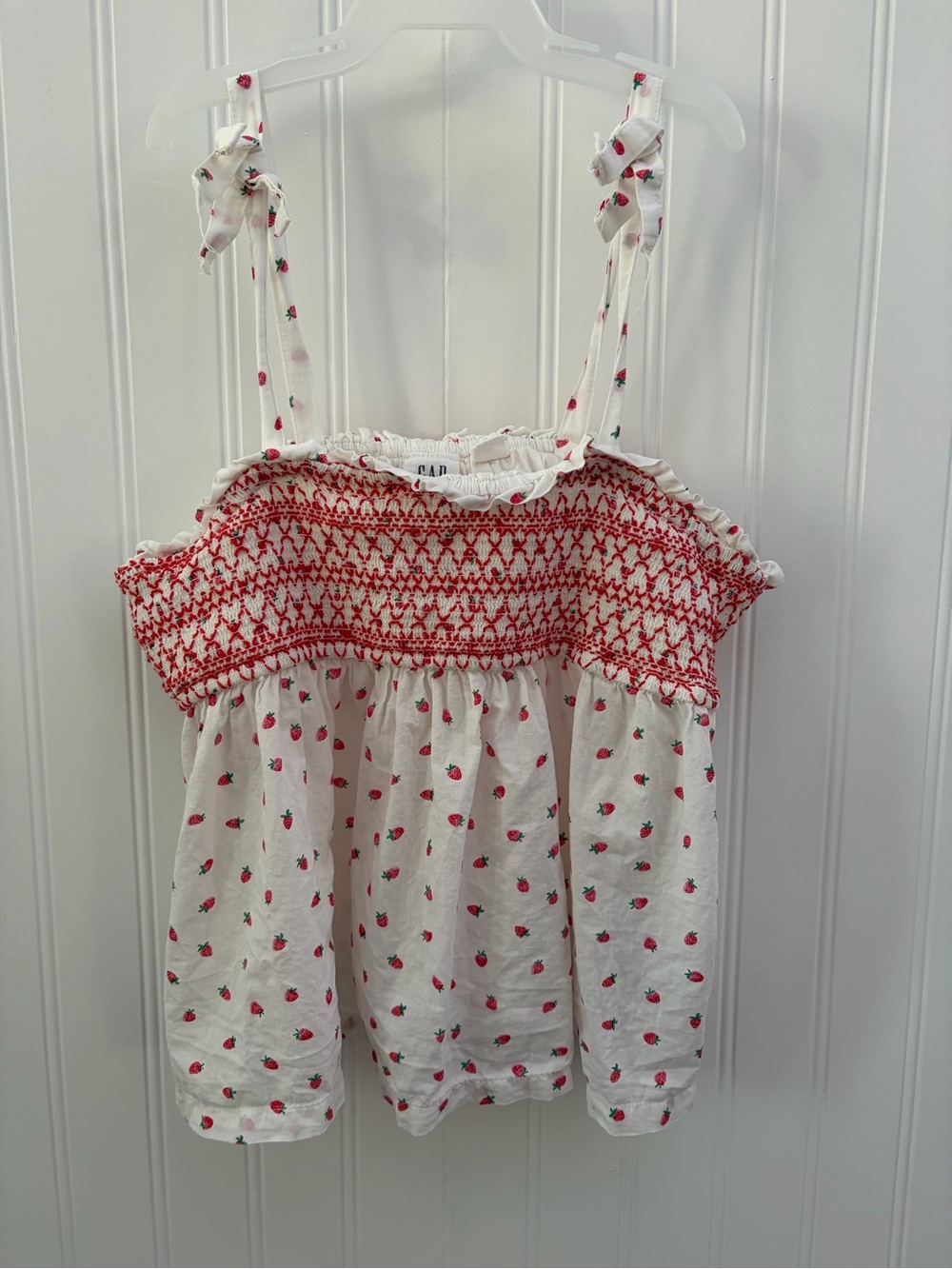 Girl’s White Strawberry Print Smocked Tank Top